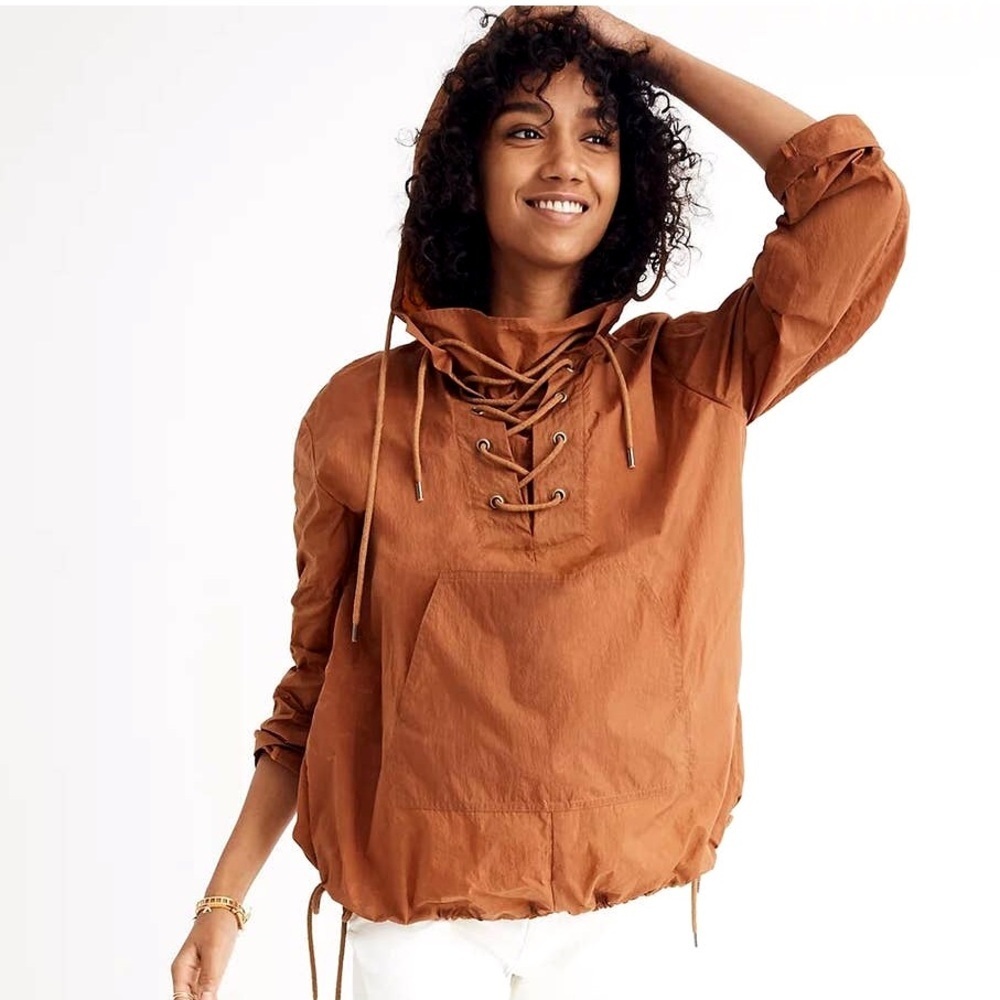 Madewell Womens Lace-Up Popover Jacket Pullover Hoodie Windbreaker Brown small